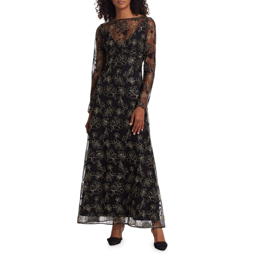 $1890 Lela Rose Floral Embroidered Long Sleeve Gown Maxi Dress Black Size 4